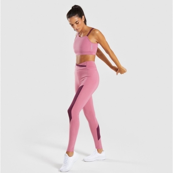 GYMSHARK Asymmetric Leggings Crossover Waist High Rise Dusky Pink/Dark Ruby S - Picture 3 of 15